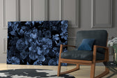 Black-ground peony cinematic glass wall art over modern bar cabinet