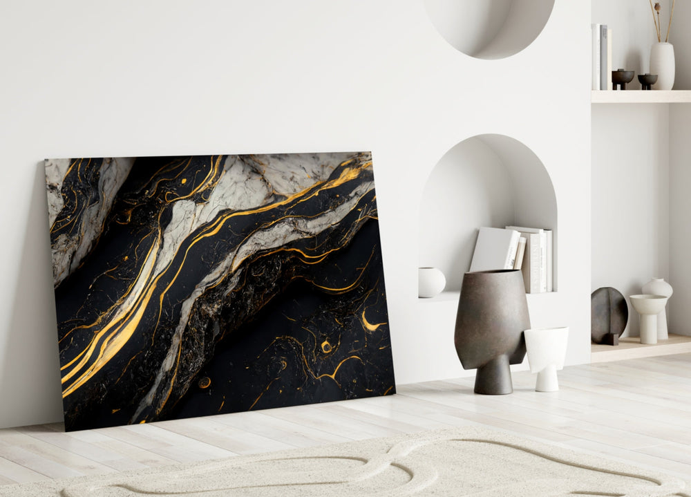 Saffron-gold and onyx-marble cinematic glass wall art over master-bedroom headboard