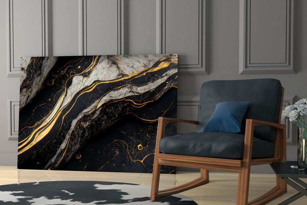 Onyx-gold lightning-vein abstract glass wall art over modern bar cabinet