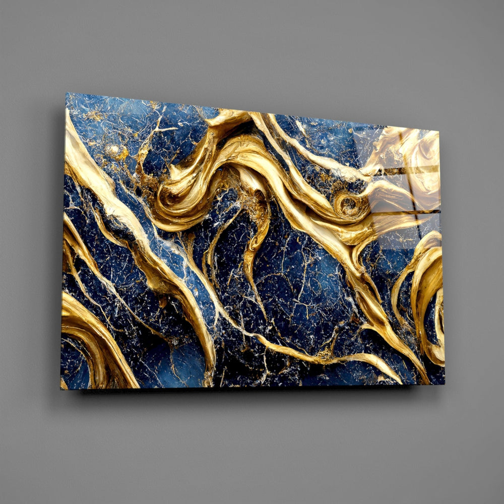 Sapphire-and-gold-ribbon cinematic glass wall art over walnut sideboard
