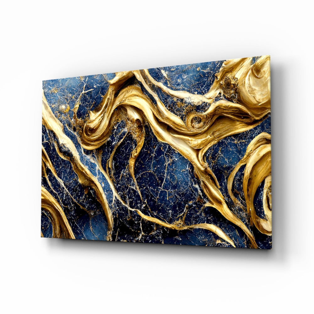 Navy gold impasto marble glass wall art above ivory boucle sofa