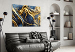 Couture impasto-gold cinematic glass wall art in fashion-house entry