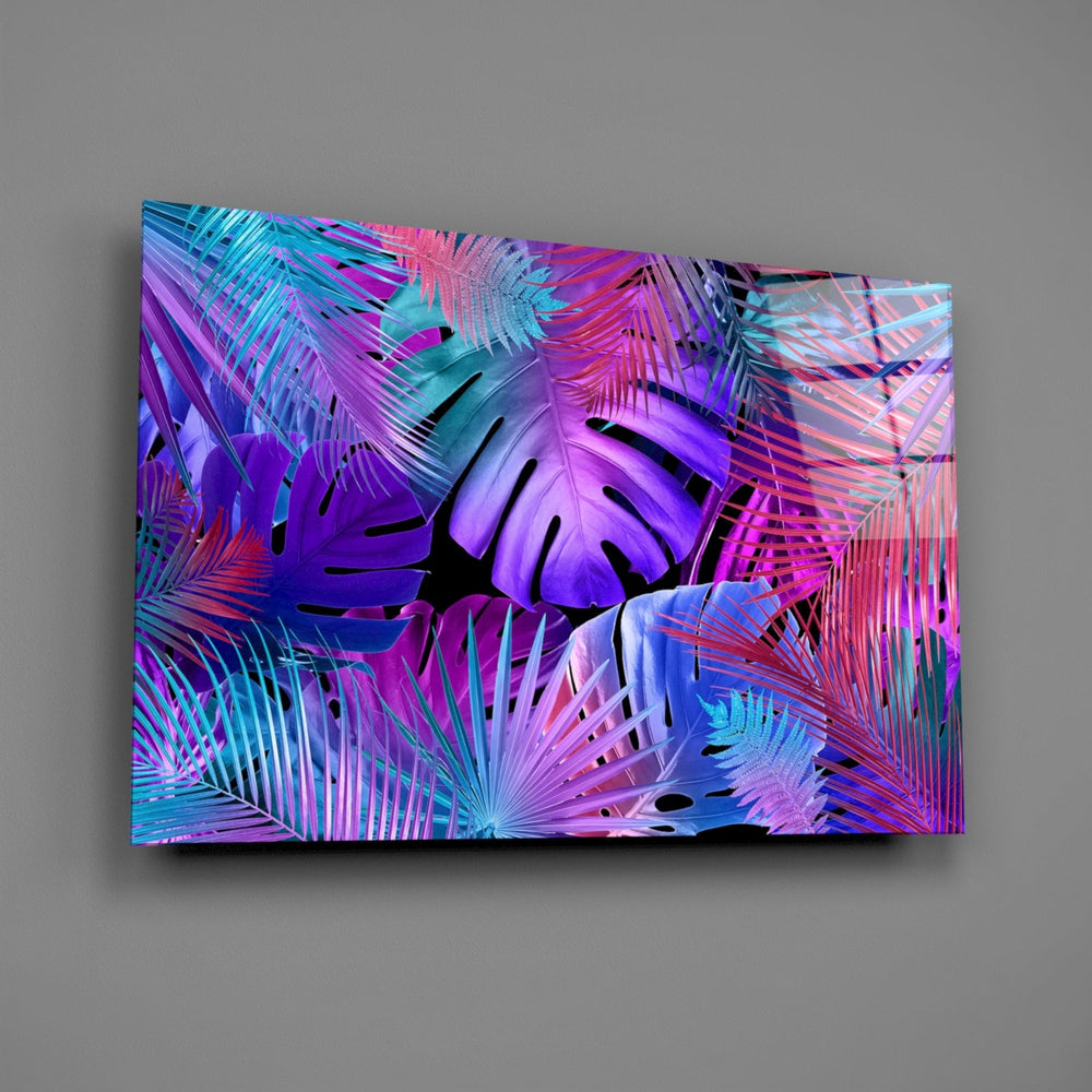 Synthwave palm-monstera glass wall art over modern living-room sofa