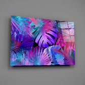 Synthwave palm-monstera glass wall art over modern living-room sofa