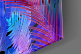 Magenta-violet jungle cinematic glass wall art in dramatic dining room