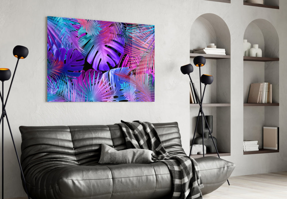 Multicolor neon tropical glass wall art over walnut bar cabinet