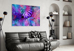 Multicolor neon tropical glass wall art over walnut bar cabinet