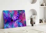 Tropical-modern blacklight foliage glass wall art in hospitality lounge entry