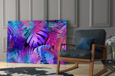 Synthwave palm-frond cinematic glass wall art in designer hallway