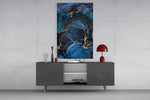 Navy-marble vertical cinematic glass wall art in luxury gallery niche
