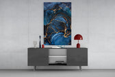 Navy-marble vertical cinematic glass wall art in luxury gallery niche