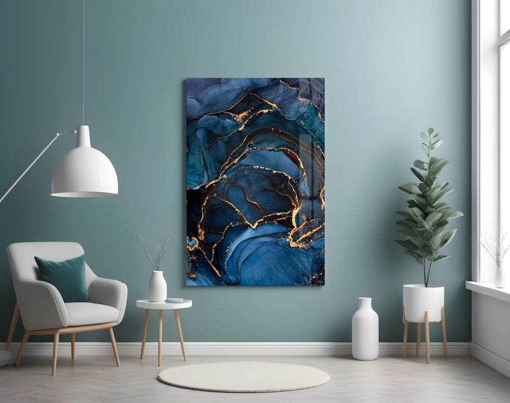 Couture vertical fluid-art glass wall art in fashion-house entry hallway