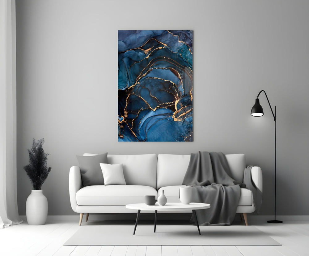 Navy-and-gold-vein cinematic glass wall art in boutique-hotel suite