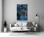 Navy-and-gold-vein cinematic glass wall art in boutique-hotel suite