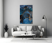 Navy-and-gold-vein cinematic glass wall art in boutique-hotel suite