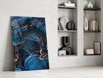 Sapphire calligraphy abstract glass wall art over modern hall console