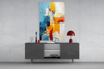 Color-field expressionist cinematic glass wall art in gallery-style hallway