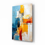 Cobalt marigold color-block painterly glass wall art above linen sofa in designer lounge