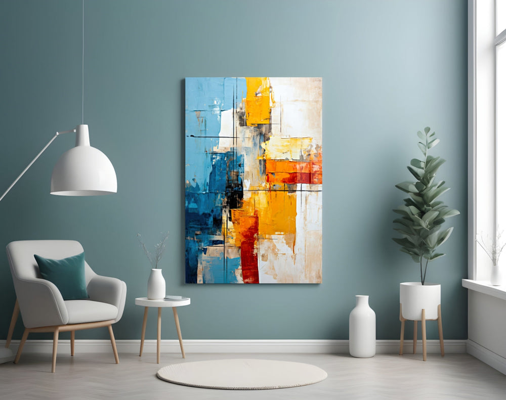 Scarlet-and-cobalt expressionist abstract glass wall art in boutique-hotel reception