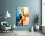 Scarlet-and-cobalt expressionist abstract glass wall art in boutique-hotel reception