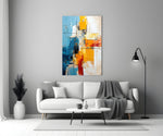 Painterly color-block cinematic glass wall art over master-bedroom headboard