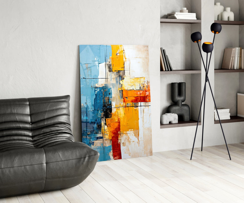 Cobalt-and-tangerine modernist glass wall art in heritage library