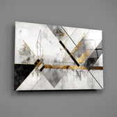 Onyx-and-gold inlay cinematic glass wall art over walnut dining sideboard