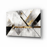 Marble gold geometric art-deco glass wall art above ivory boucle sofa in designer lounge