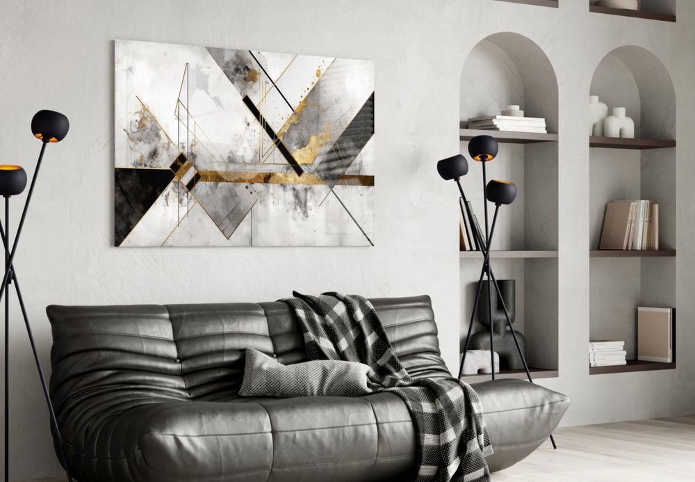Geometric gold-line abstract glass wall art over master-bedroom headboard