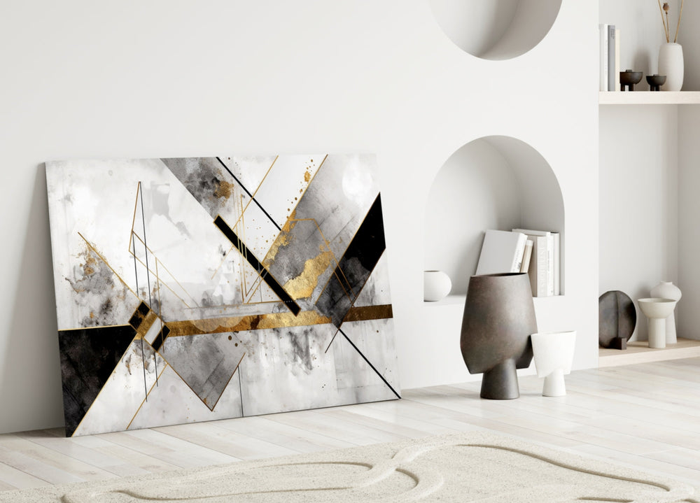 Marble triangle-wedge cinematic glass wall art in heritage hallway