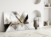 Marble triangle-wedge cinematic glass wall art in heritage hallway