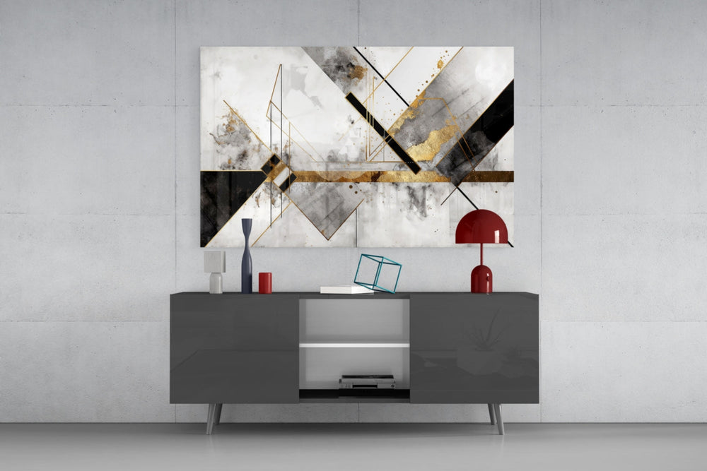 Art-deco geometric cinematic glass wall art in fashion-house reception