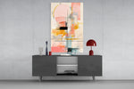 Pencil-line feminine abstract cinematic glass wall art in creative-studio dining nook