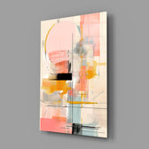 Coral-and-marigold studio collage glass wall art in creative office reading nook