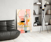 Feminine-luxe abstract cinematic glass wall art in fashion-atelier reception