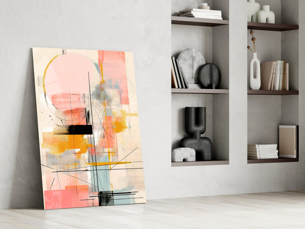 Tangerine-and-ivory cinematic glass wall art in hospitality lounge