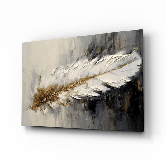 Single white feather impasto glass wall art above velvet headboard in glamorous bedroom