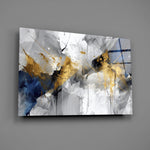Saffron-gold and navy painterly cinematic glass wall art over walnut sideboard