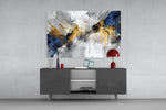 Studio-gestural cinematic glass wall art in designer hallway