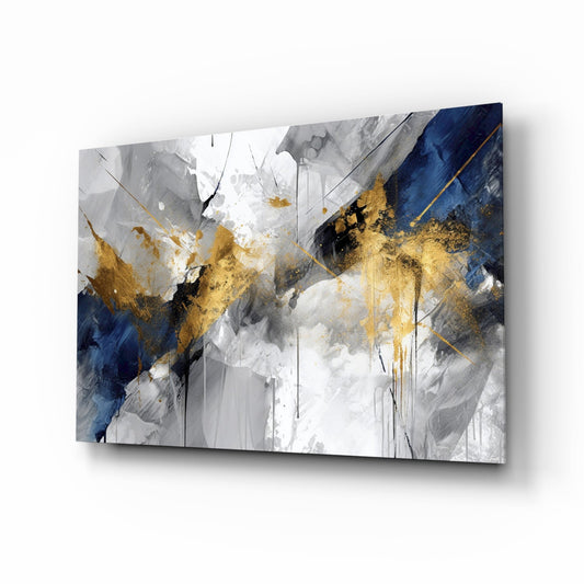Navy gold splash gestural cinematic glass wall art above ivory boucle sofa