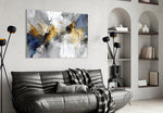 Painterly navy-gold cinematic glass wall art over master-bedroom headboard