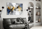 Painterly navy-gold cinematic glass wall art over master-bedroom headboard