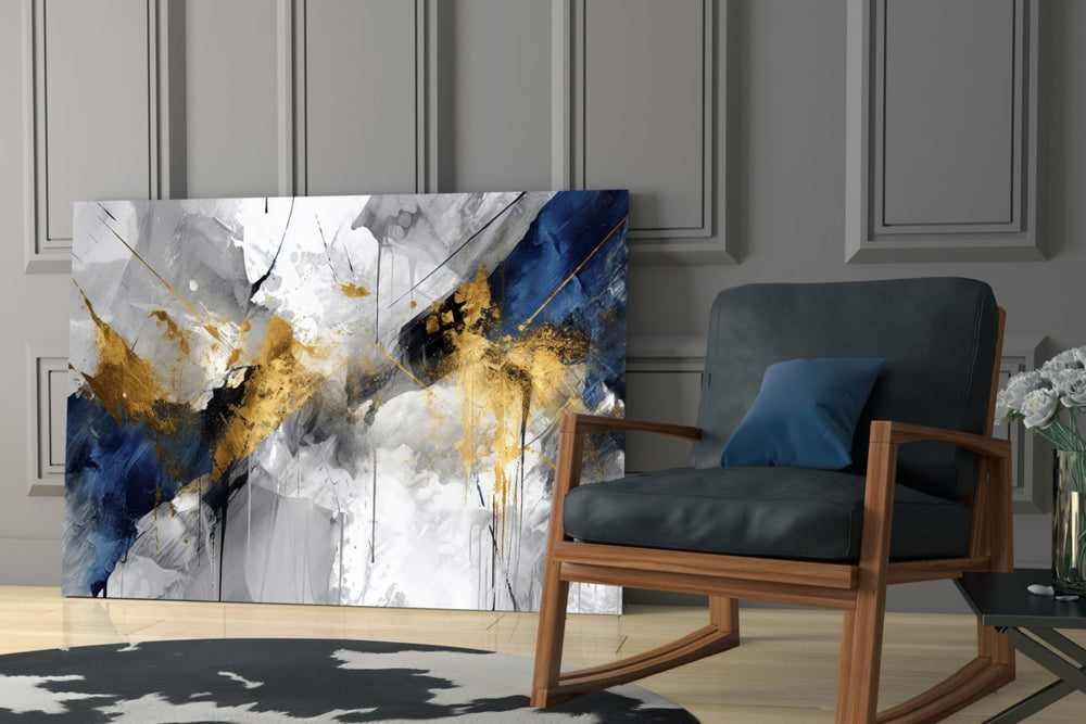Modern-painting navy abstract glass wall art over modern dining table