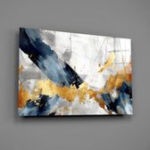 Saffron-gold and navy gestural glass wall art over walnut dining sideboard