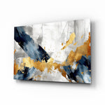 Navy gold brushwork calligraphic cinematic glass wall art above ivory boucle sofa