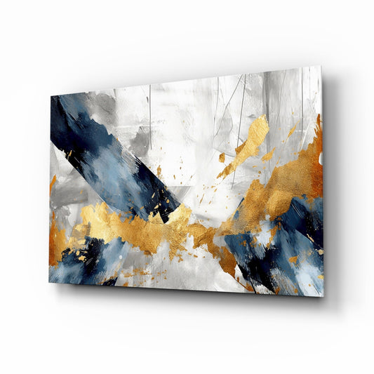 Navy gold brushwork calligraphic cinematic glass wall art above ivory boucle sofa