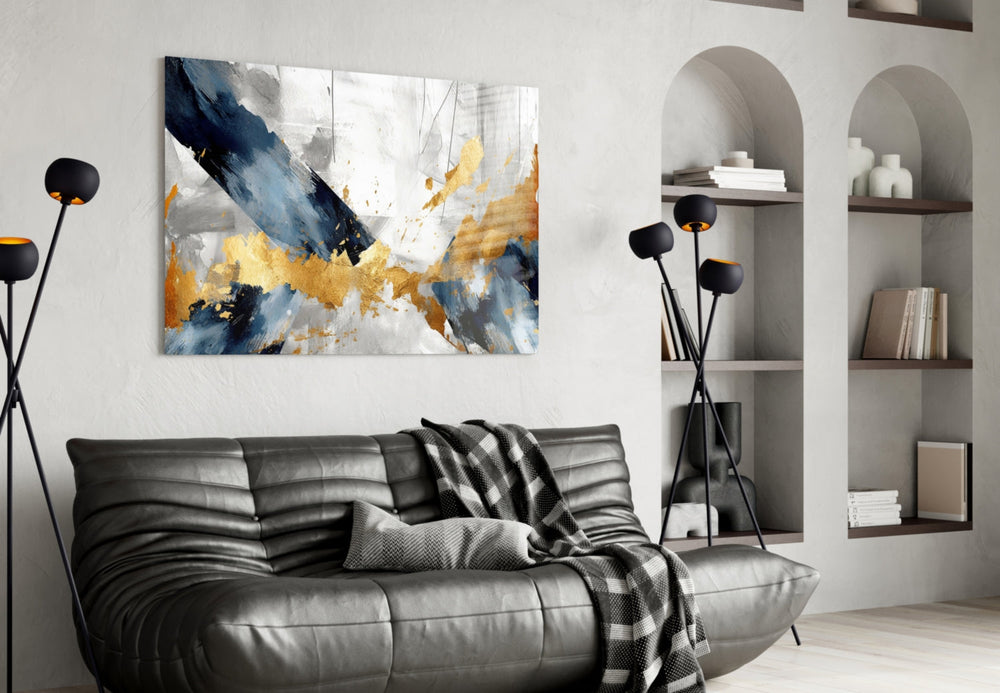 Painterly navy-gold cinematic glass wall art over master-bedroom headboard