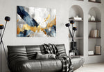 Painterly navy-gold cinematic glass wall art over master-bedroom headboard