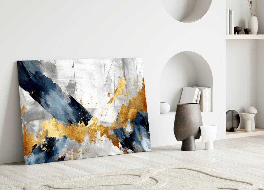 Modern-painting gold abstract glass wall art in boutique-hotel lounge