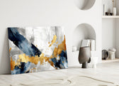 Modern-painting gold abstract glass wall art in boutique-hotel lounge